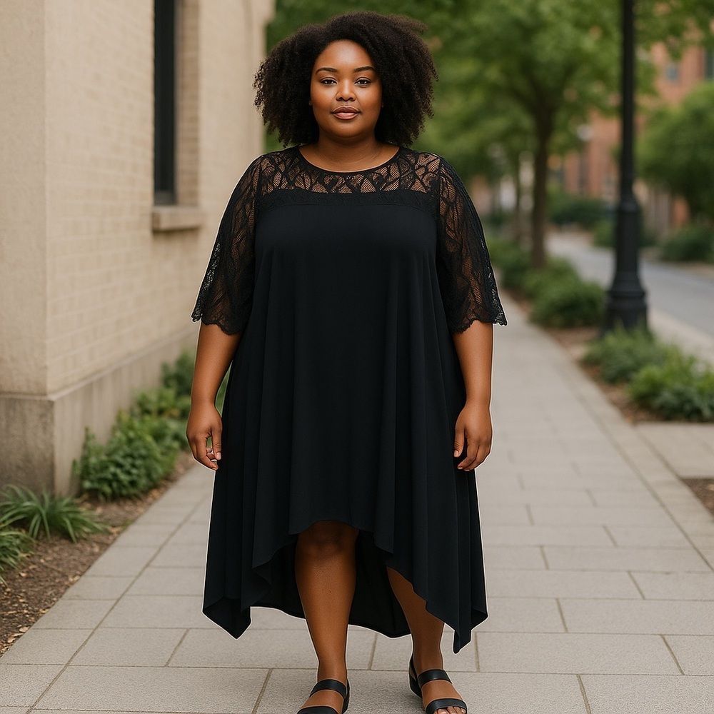 Formal Midi Dress Plus Size Flowy Hem Lacy Black 3-4 Sleeve Round Neckline SZ 2X